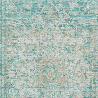 9' X 12' Teal Blue And Ivory Floral Medallion Washable Indoor Outdoor Area Rug