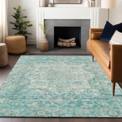 9' X 12' Teal Blue And Ivory Floral Medallion Washable Indoor Outdoor Area Rug