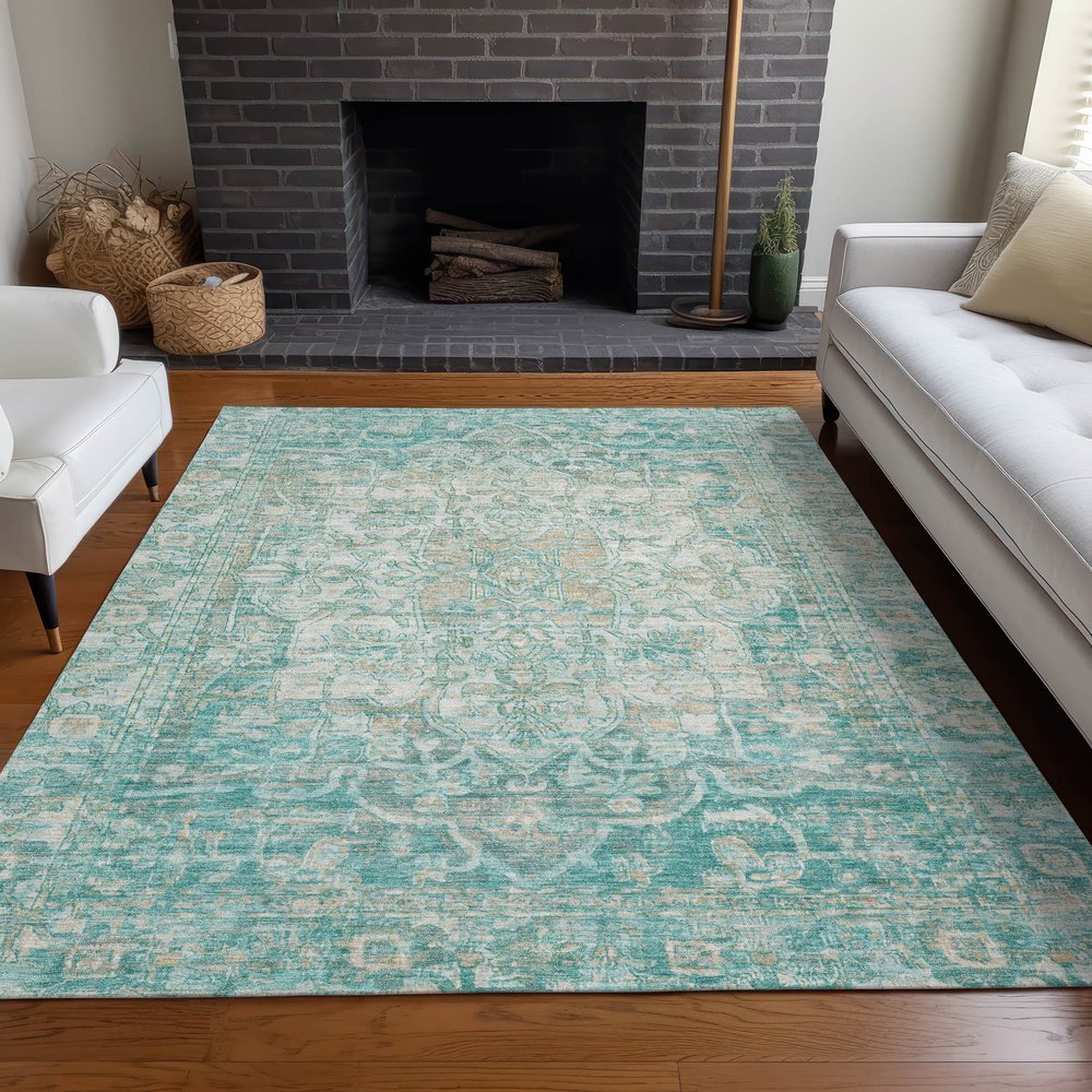 9' X 12' Teal Blue And Ivory Floral Medallion Washable Indoor Outdoor Area Rug