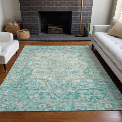 9' X 12' Teal Blue And Ivory Floral Medallion Washable Indoor Outdoor Area Rug