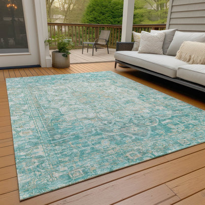 9' X 12' Teal Blue And Ivory Floral Medallion Washable Indoor Outdoor Area Rug