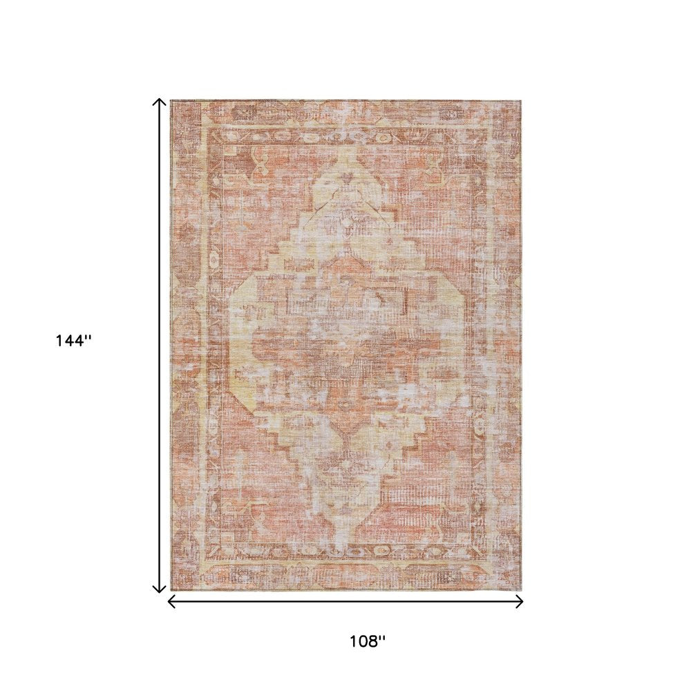 9' X 12' Terra Cotta Ivory And Wheat Oriental Washable Indoor Outdoor Area Rug
