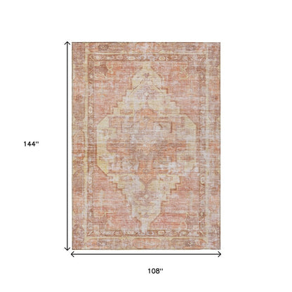 9' X 12' Terra Cotta Ivory And Wheat Oriental Washable Indoor Outdoor Area Rug
