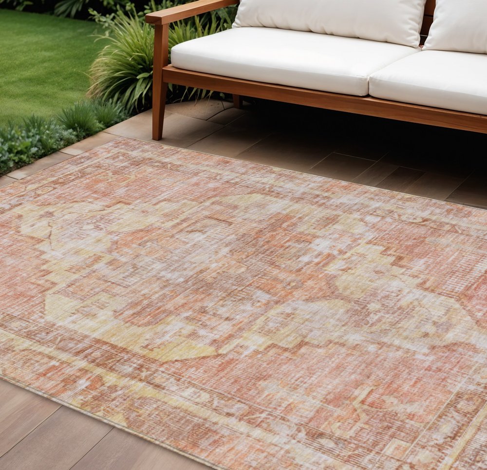 9' X 12' Terra Cotta Ivory And Wheat Oriental Washable Indoor Outdoor Area Rug