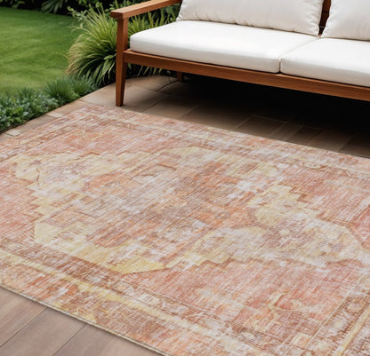 9' X 12' Terra Cotta Ivory And Wheat Oriental Washable Indoor Outdoor Area Rug