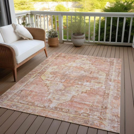 9' X 12' Terra Cotta Ivory And Wheat Oriental Washable Indoor Outdoor Area Rug