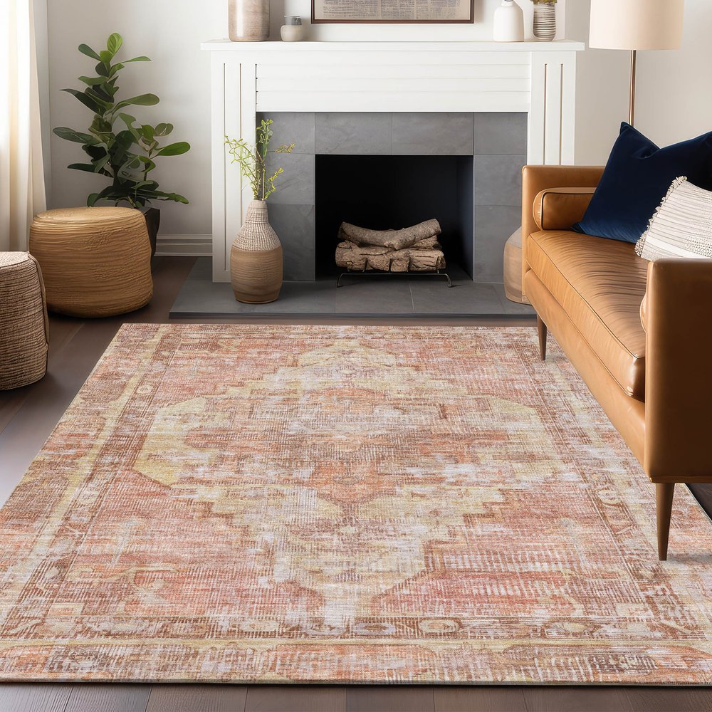 9' X 12' Terra Cotta Ivory And Wheat Oriental Washable Indoor Outdoor Area Rug
