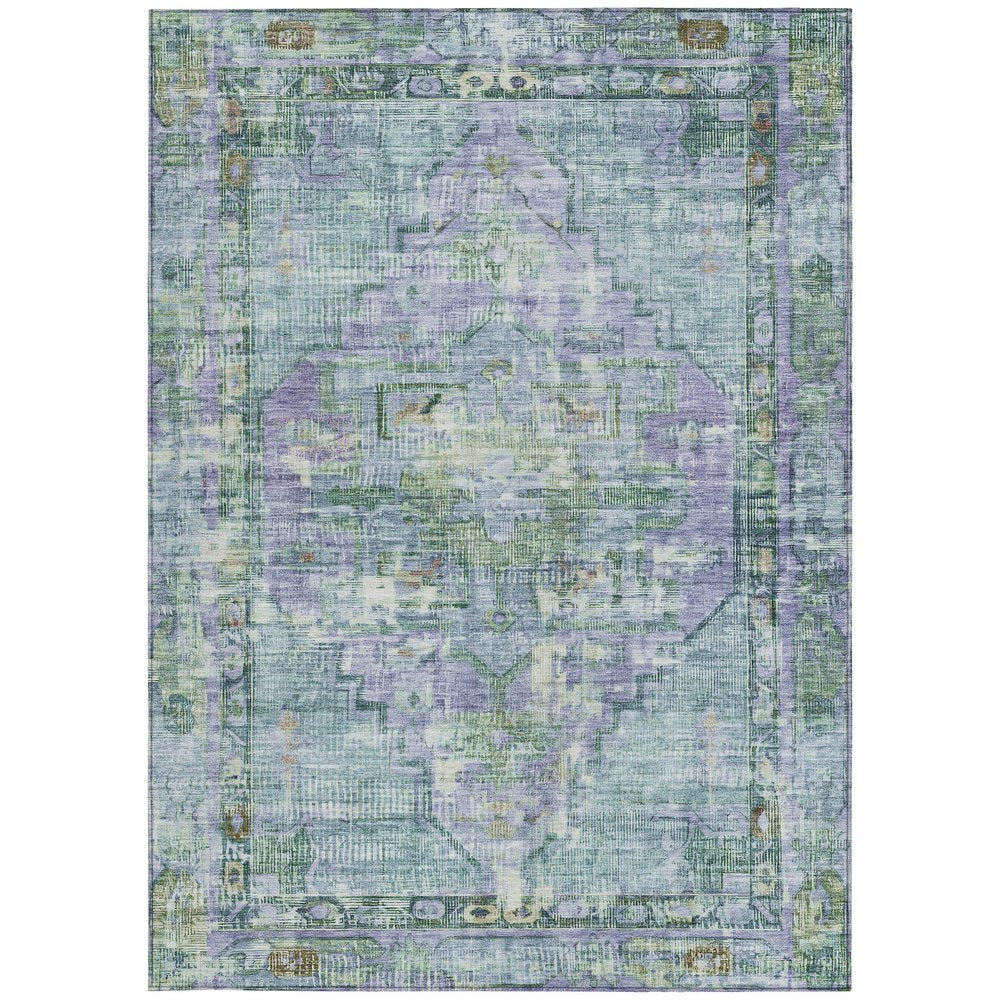 9' X 12' Teal Blue Lavender And Ivory Oriental Washable Indoor Outdoor Area Rug