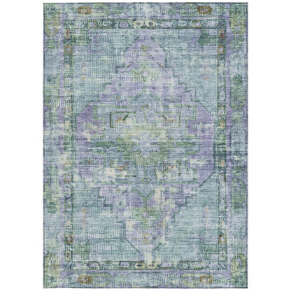 9' X 12' Teal Blue Lavender And Ivory Oriental Washable Indoor Outdoor Area Rug
