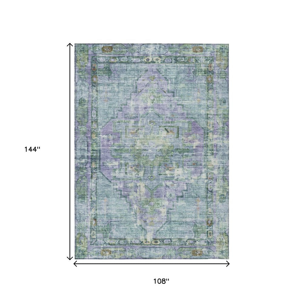 9' X 12' Teal Blue Lavender And Ivory Oriental Washable Indoor Outdoor Area Rug