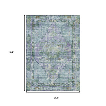 9' X 12' Teal Blue Lavender And Ivory Oriental Washable Indoor Outdoor Area Rug