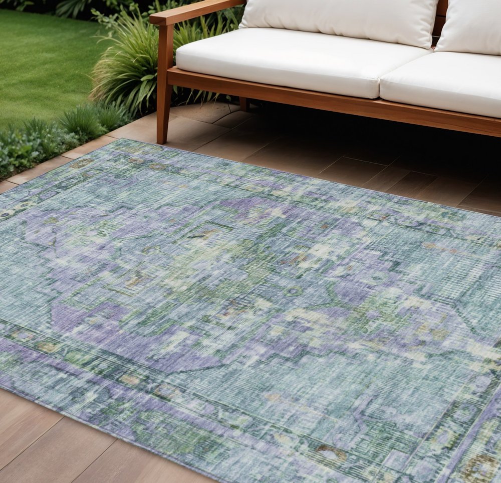 9' X 12' Teal Blue Lavender And Ivory Oriental Washable Indoor Outdoor Area Rug