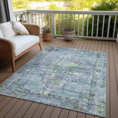 9' X 12' Teal Blue Lavender And Ivory Oriental Washable Indoor Outdoor Area Rug