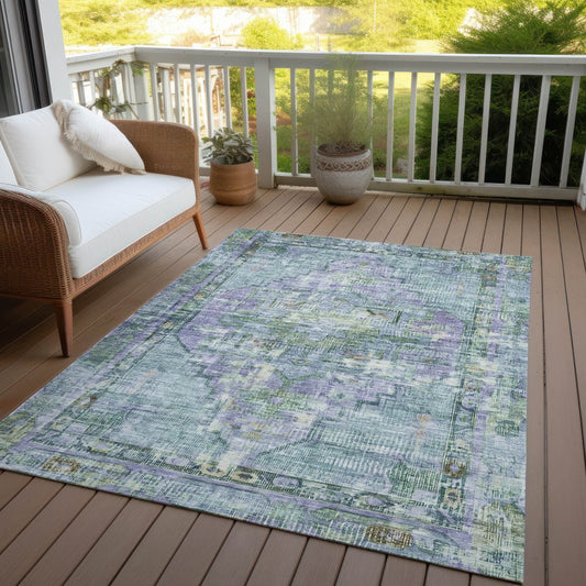 9' X 12' Teal Blue Lavender And Ivory Oriental Washable Indoor Outdoor Area Rug