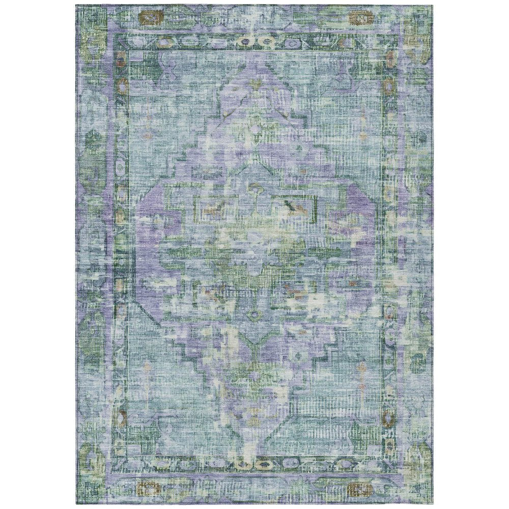 9' X 12' Teal Blue Lavender And Ivory Oriental Washable Indoor Outdoor Area Rug