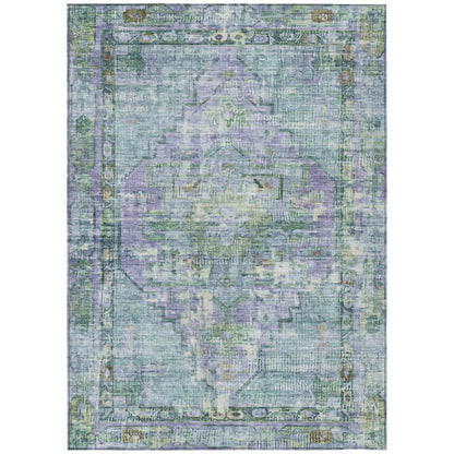 9' X 12' Teal Blue Lavender And Ivory Oriental Washable Indoor Outdoor Area Rug