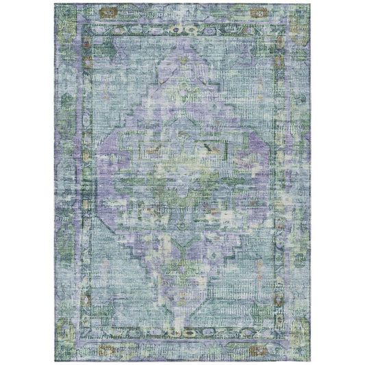 9' X 12' Teal Blue Lavender And Ivory Oriental Washable Indoor Outdoor Area Rug