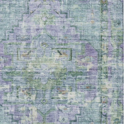 9' X 12' Teal Blue Lavender And Ivory Oriental Washable Indoor Outdoor Area Rug