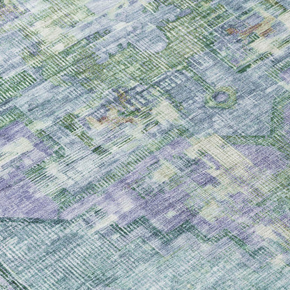 9' X 12' Teal Blue Lavender And Ivory Oriental Washable Indoor Outdoor Area Rug