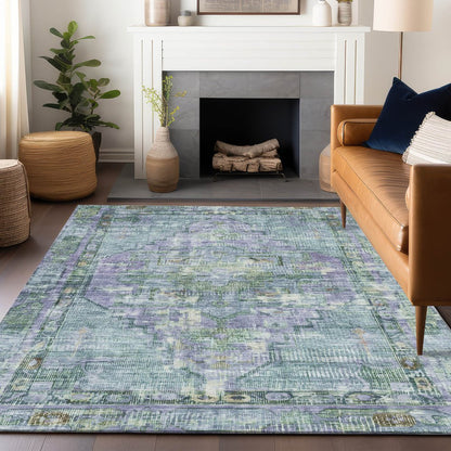 9' X 12' Teal Blue Lavender And Ivory Oriental Washable Indoor Outdoor Area Rug