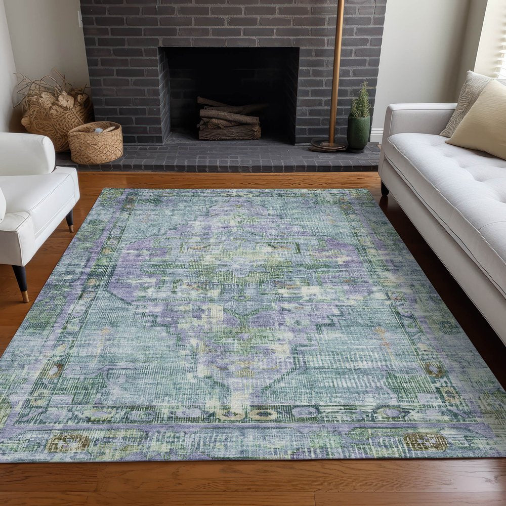 9' X 12' Teal Blue Lavender And Ivory Oriental Washable Indoor Outdoor Area Rug