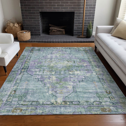 9' X 12' Teal Blue Lavender And Ivory Oriental Washable Indoor Outdoor Area Rug