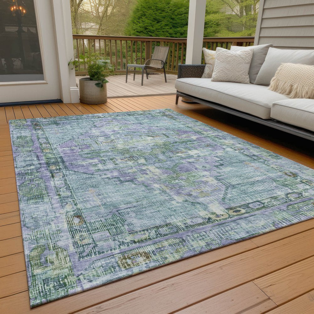 9' X 12' Teal Blue Lavender And Ivory Oriental Washable Indoor Outdoor Area Rug