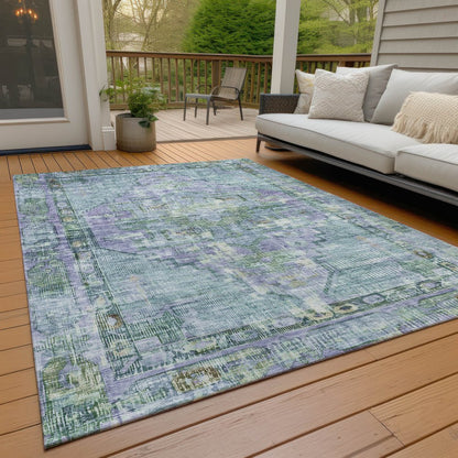 9' X 12' Teal Blue Lavender And Ivory Oriental Washable Indoor Outdoor Area Rug