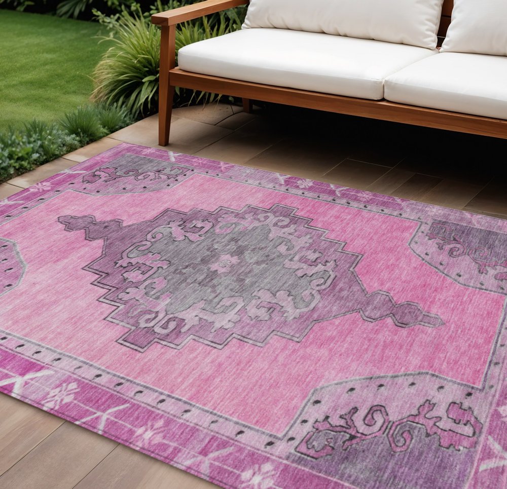 8' X 10' Pink And Blush Geometric Washable Indoor Outdoor Area Rug