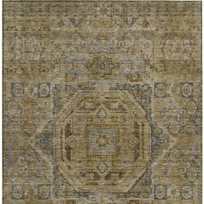 3' X 5' Brown And Blue Medallion Washable Indoor Outdoor Area Rug