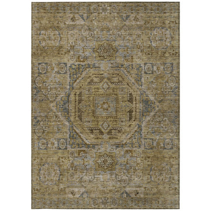 3' X 5' Brown And Blue Medallion Washable Indoor Outdoor Area Rug