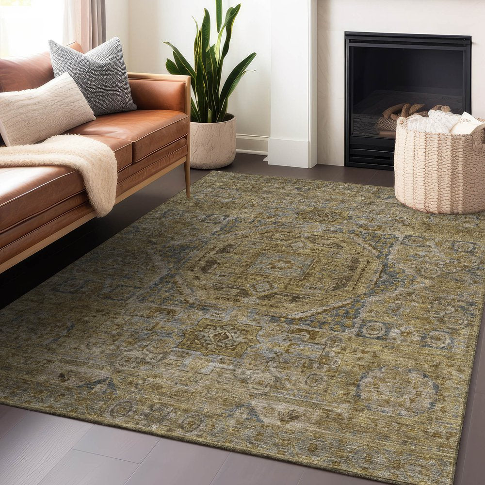 3' X 5' Brown And Blue Medallion Washable Indoor Outdoor Area Rug