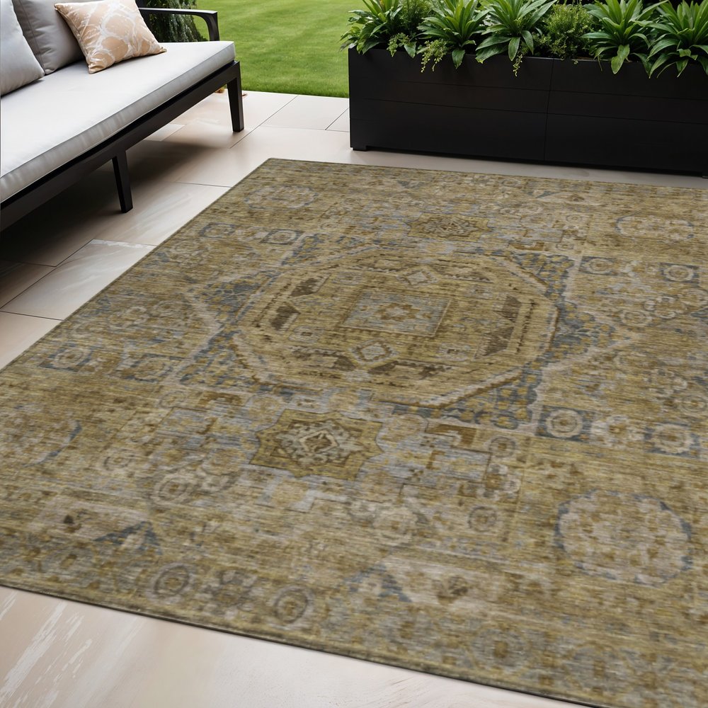 3' X 5' Brown And Blue Medallion Washable Indoor Outdoor Area Rug