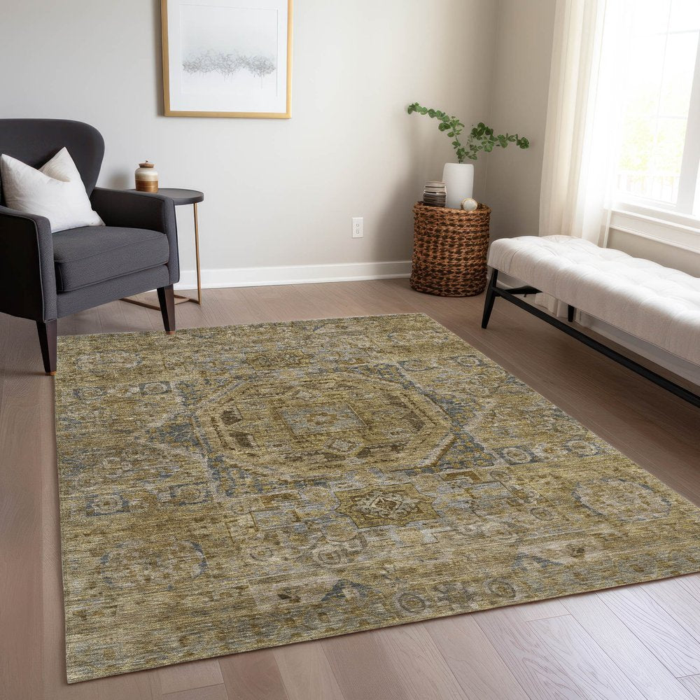 3' X 5' Brown And Blue Medallion Washable Indoor Outdoor Area Rug