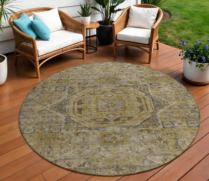 3' X 5' Brown And Blue Medallion Washable Indoor Outdoor Area Rug