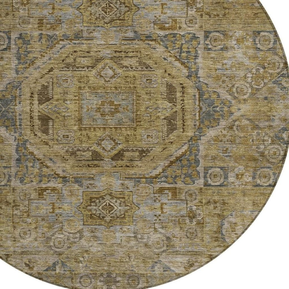 3' X 5' Brown And Blue Medallion Washable Indoor Outdoor Area Rug