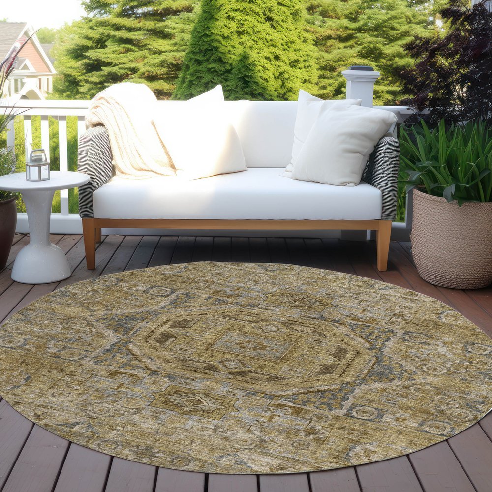 3' X 5' Brown And Blue Medallion Washable Indoor Outdoor Area Rug