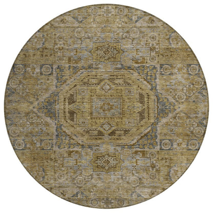 3' X 5' Brown And Blue Medallion Washable Indoor Outdoor Area Rug