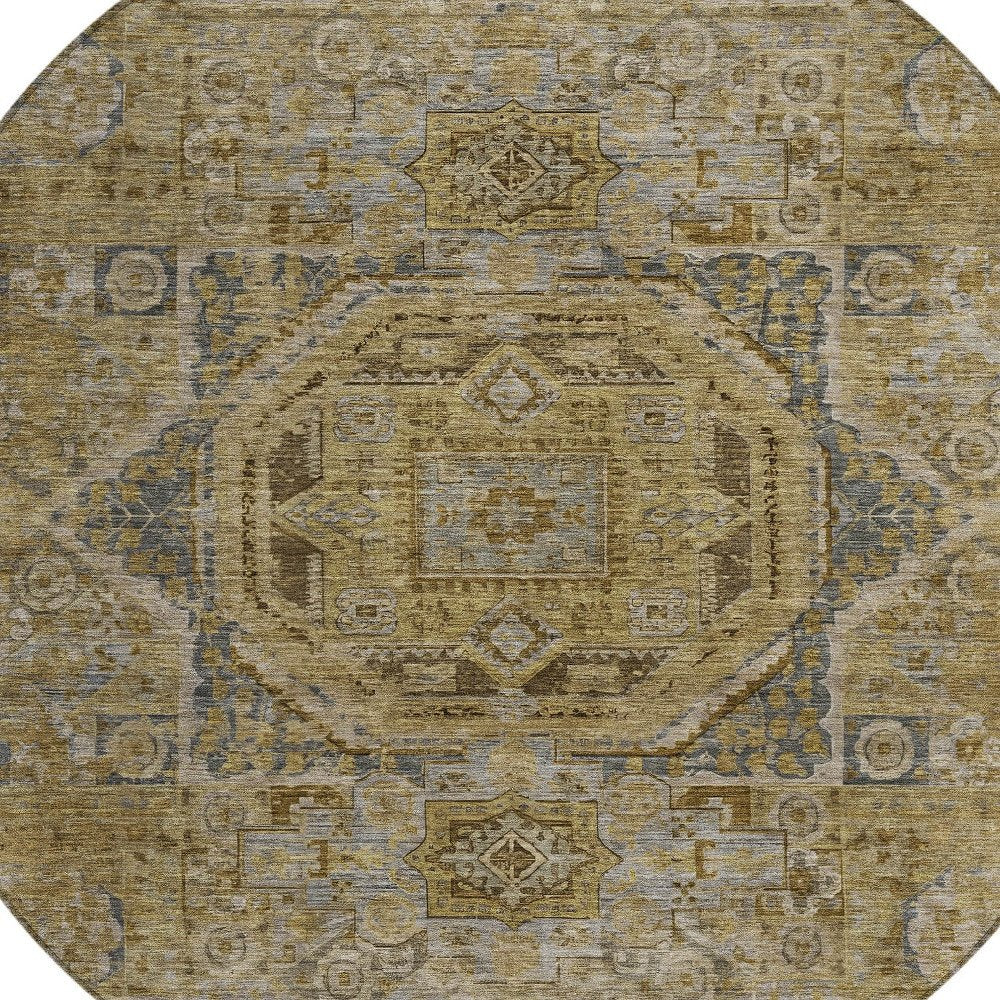 3' X 5' Brown And Blue Medallion Washable Indoor Outdoor Area Rug