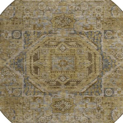3' X 5' Brown And Blue Medallion Washable Indoor Outdoor Area Rug