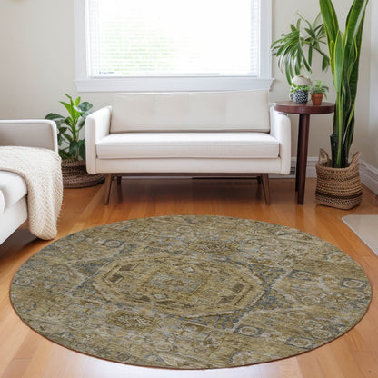 3' X 5' Brown And Blue Medallion Washable Indoor Outdoor Area Rug