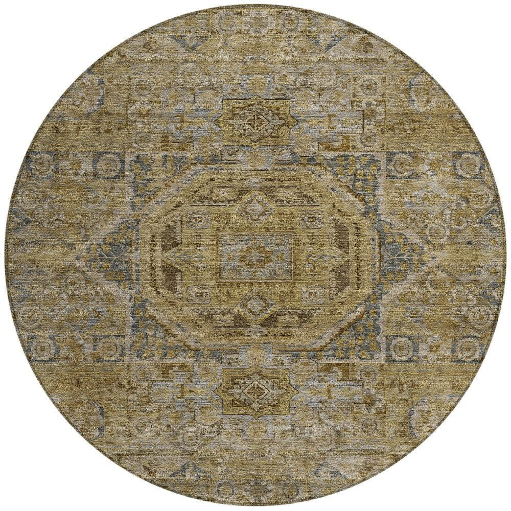 3' X 5' Brown And Blue Medallion Washable Indoor Outdoor Area Rug