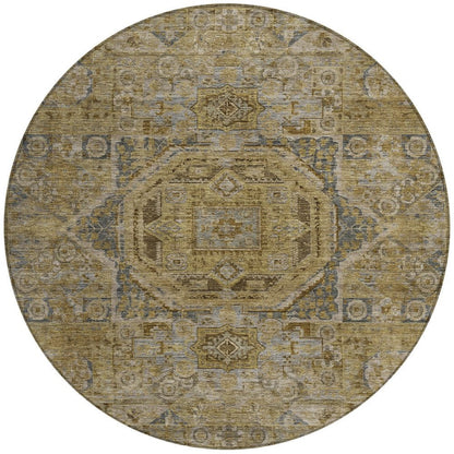 3' X 5' Brown And Blue Medallion Washable Indoor Outdoor Area Rug