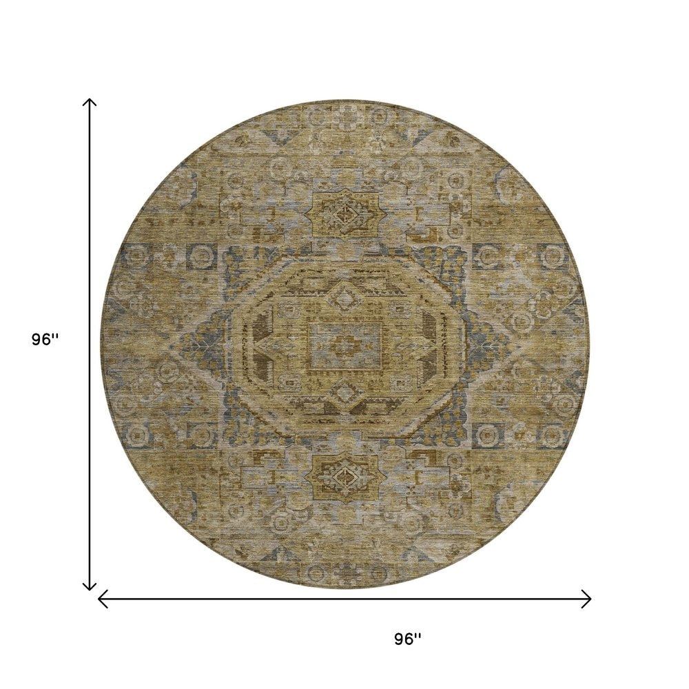 3' X 5' Brown And Blue Medallion Washable Indoor Outdoor Area Rug