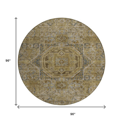3' X 5' Brown And Blue Medallion Washable Indoor Outdoor Area Rug