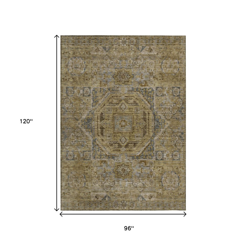 3' X 5' Brown And Blue Medallion Washable Indoor Outdoor Area Rug