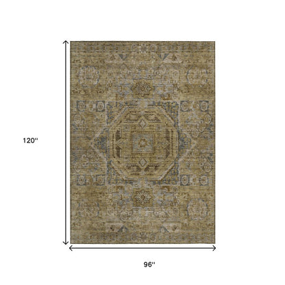 3' X 5' Brown And Blue Medallion Washable Indoor Outdoor Area Rug