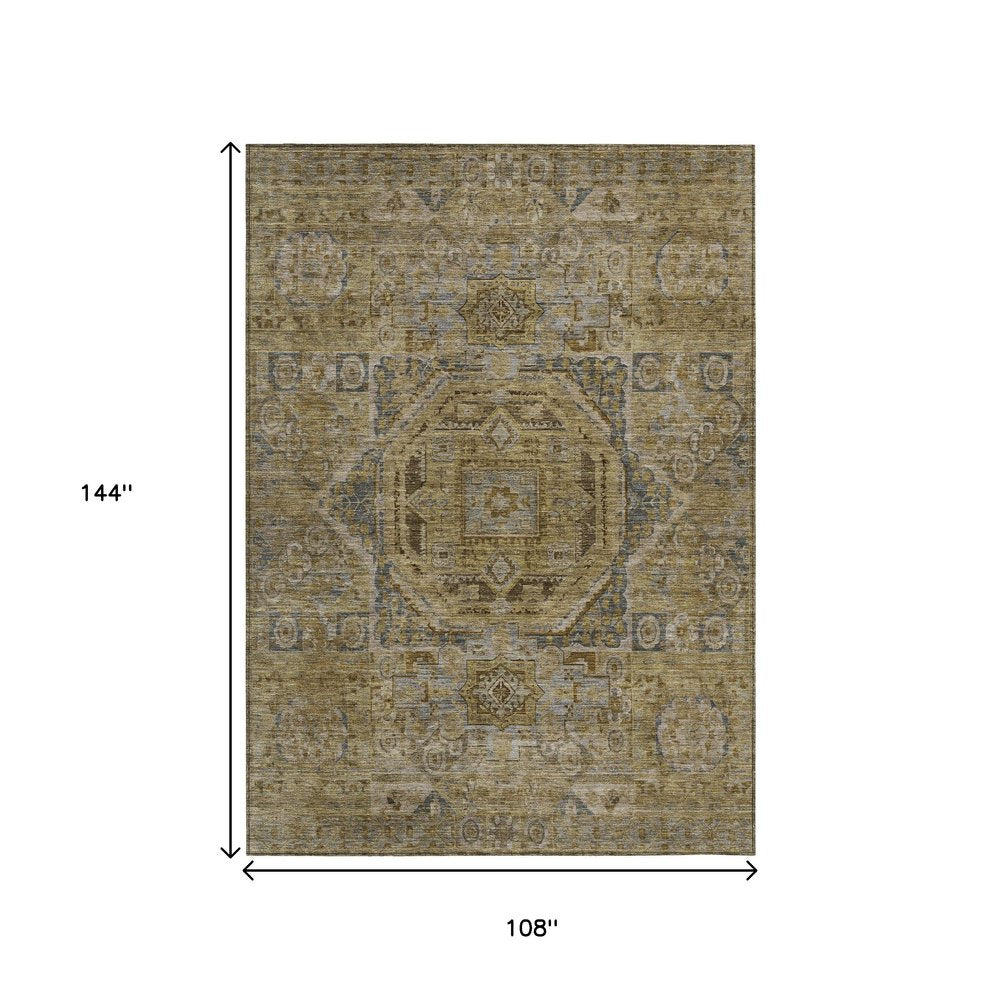 3' X 5' Brown And Blue Medallion Washable Indoor Outdoor Area Rug