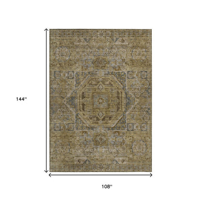 3' X 5' Brown And Blue Medallion Washable Indoor Outdoor Area Rug