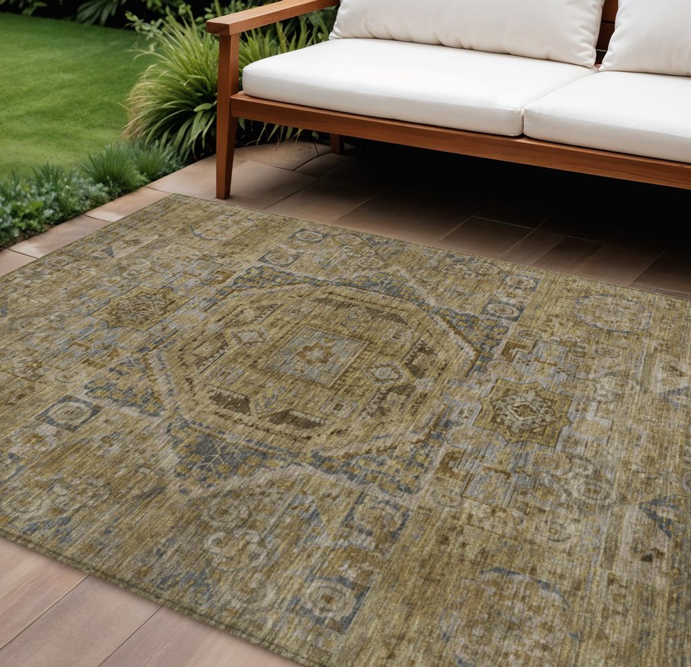 3' X 5' Brown And Blue Medallion Washable Indoor Outdoor Area Rug